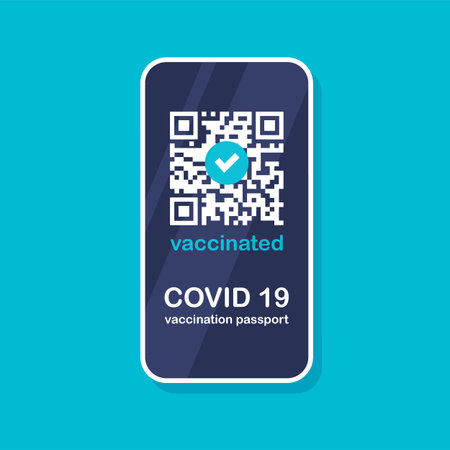 Covid-19 vaccination passport app. Certificate with QR code on smartphone screen. UI template....