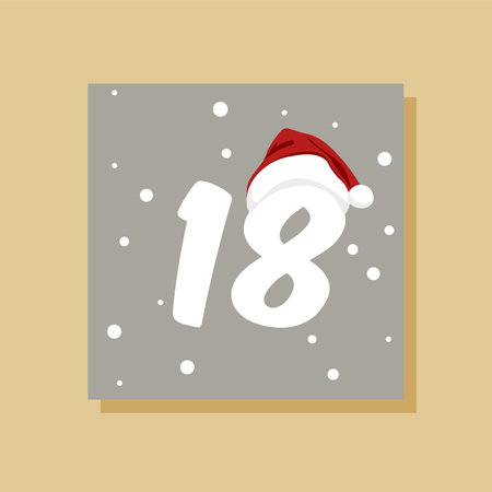 Vector Christmas advent calendar. Santa hat icon. Winter holidays poster with date 18 of december. Cute day decoration. snowflake background. new year.のイラスト素材