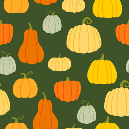 Seamless vector pattern with pumpkins in various shapes and colors. Halloween and Thanksgiving day. Autumn decorative element. Design for web page backgrounds, fabric, wallpaper.のイラスト素材