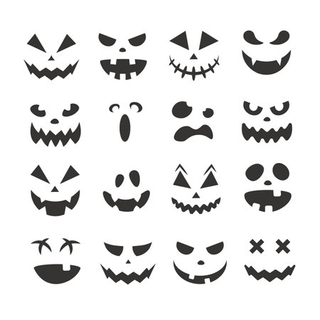 Scary and funny Halloween pumpkin faces and grimaces. ghost silhouette. Vector illustration isolated.のイラスト素材