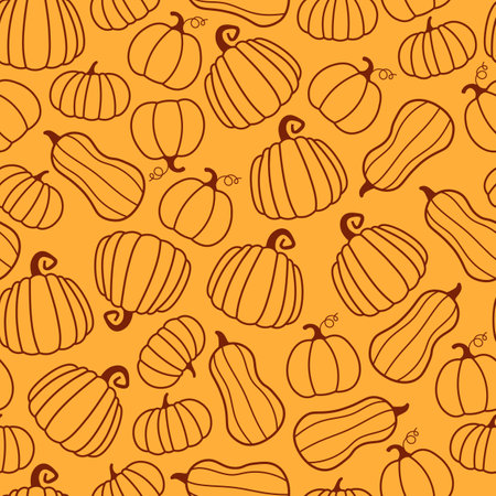 Seamless vector pattern with outline pumpkins. Halloween and Thanksgiving day. Autumn decorative element. Design for web page backgrounds, fabric, wallpaper, textile and decor.のイラスト素材