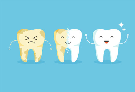Cleaning teeth. Cartoon snow-white happy and yellow sad tooth. Before and after whitening. dental health concept. Vector illustration isolated on blue backgroundのイラスト素材