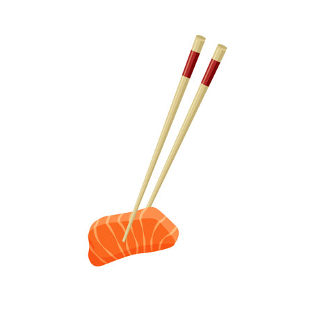 Japanese salmon sashimi. Chopsticks holding raw sliced fish. Traditional Asian food. Vector illustration in trendy flat style isolated on white background.のイラスト素材
