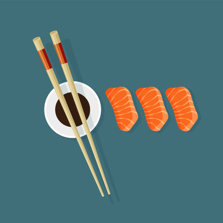 Japanese salmon sashimi. Chopsticks, soy sauce and sliced red fish. Traditional Asian food. restaurant poster. Vector illustration in trendy flat style isolated.のイラスト素材