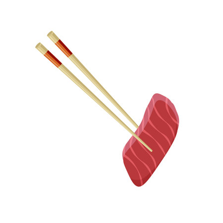 Japanese tuna sashimi. Chopsticks holding raw sliced fish. Traditional Asian food. Vector illustration in trendy flat style isolated on white background.のイラスト素材