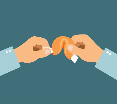 Hand hold Chinese fortune cookies in trendy flat style. Vector illustration isolated on dark background.のイラスト素材