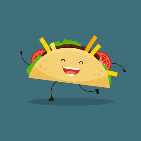 Mexican taco character. Latin american food concept. Tacos with meat and vegetables. Vector illustration in trendy flat style isolated on white background.のイラスト素材