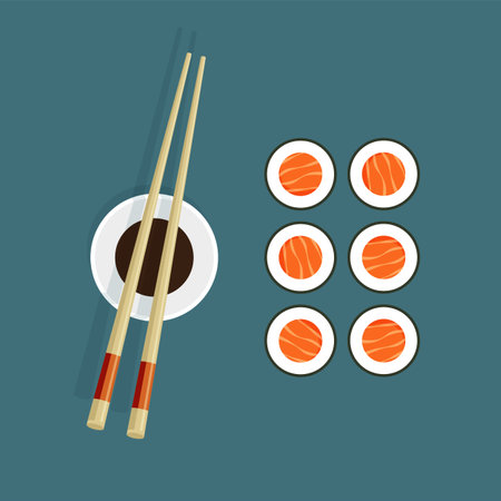 Japanese maki roll with salmon. Chopsticks, soy sauce and sliced red fish. Traditional Asian food. top view. restaurant poster. Vector illustration in trendy flat style isolated.のイラスト素材