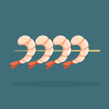 Shrimp without shell. Prawn on a skewer. Boiled or grilled shrimps. Traditional Asian food. Vector illustration in trendy flat style isolated on white background.のイラスト素材