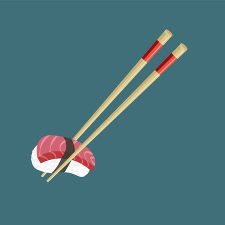 Japanese tuna sushi. Chopsticks holding raw sliced fish with rice. Traditional Asian food. Vector illustration in trendy flat style isolated on dark background.のイラスト素材