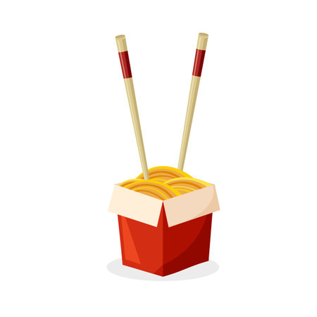 Oriental noodle dish. Traditional Asian noodles with chopsticks. Korean and Japanese food. Chinese food. Vector illustration in trendy flat style isolated on white background.のイラスト素材