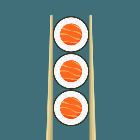 Salmon sushi rolls. Chopsticks holding fish dish. Japanese sushi bar. Traditional Asian sea food. restaurant poster. Vector illustration in trendy flat style isolated.のイラスト素材