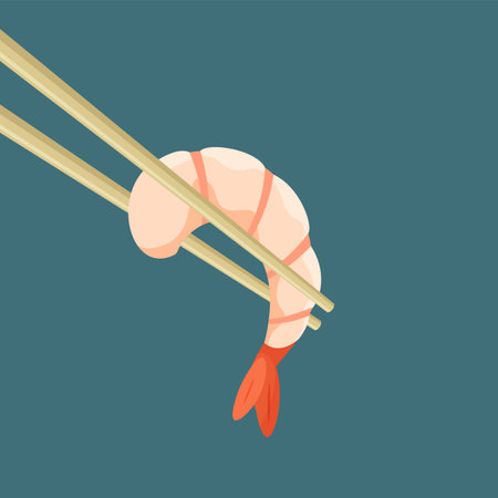 Shrimp without shell close up. Chopsticks holding fresh. Boiled or grilled shrimps. Traditional Asian food. Vector illustration in trendy flat style isolated.のイラスト素材
