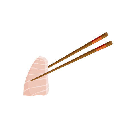 Japanese hirame sashimi. Chopsticks holding raw sliced fish. Traditional Asian food. Vector illustration in trendy flat style isolated on white background.のイラスト素材