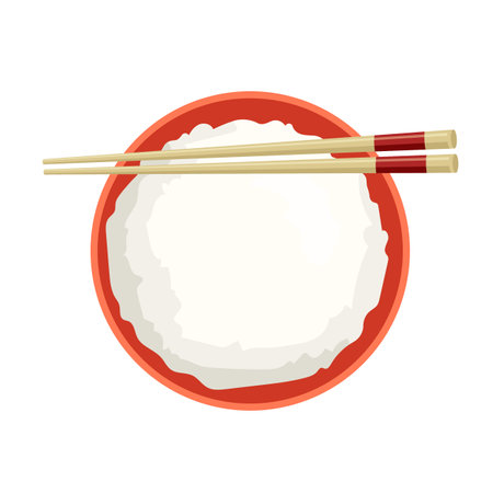 Rice in a red bowl with chopsticks. top view. Oriental dish. Traditional Asian food. Vector illustration in trendy flat style isolated on white backgroundのイラスト素材