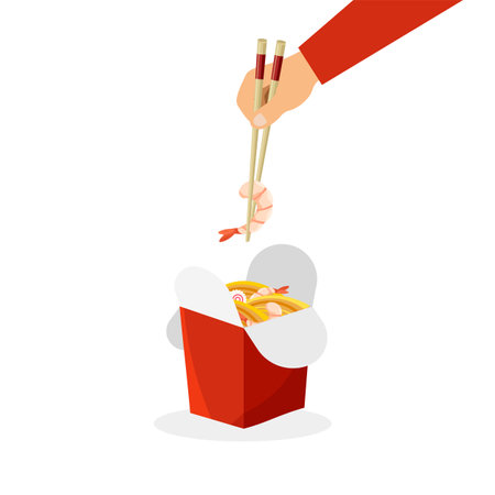 Man eats oriental noodle with prawns by chopsticks. Traditional Asian noodles. Korean, Japanese food. take away. Chinese food. Vector illustration in trendy flat style isolatedのイラスト素材