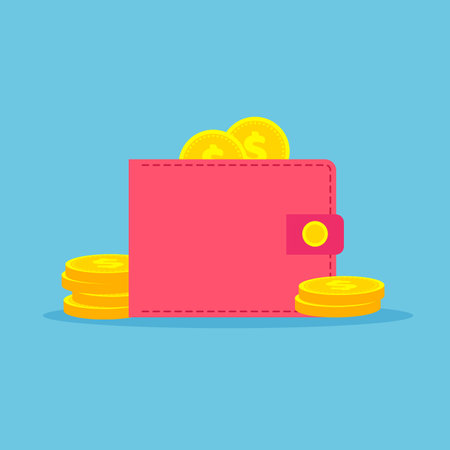 Cartoon money wallet full of golden coins. Pink bright purse icon for bank, finance, investment. Coinheap. Vector illustration isolated on white background.のイラスト素材