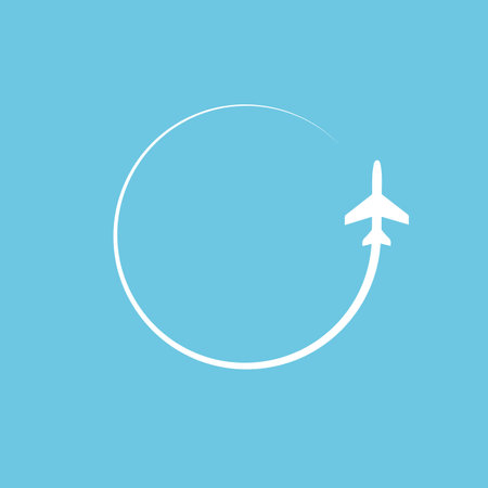 plane icon. Airplane path. Airline circle route. Vector illustration isolated on blue background.のイラスト素材