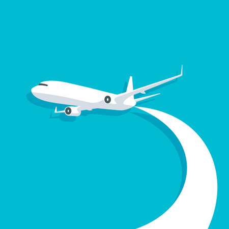 Flying plane in the sky. Airplane trace in trendy flat style isolated on blue background. international transportation. vector illustration.のイラスト素材