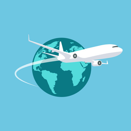 Plane flies around the Earth. Airplane trace. international transportation. Vector illustration in trendy flat style isolated on blue background.のイラスト素材