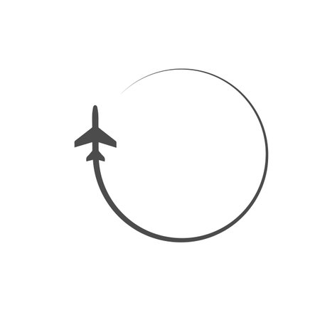 Plane black icon. Airplane path. Airline circle route. Vector illustration isolated on white background.のイラスト素材