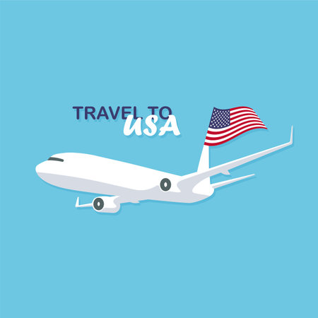 Flying plane in the sky with american national flag. Travel to USA. Vector illustration poster in trendy flat style.のイラスト素材