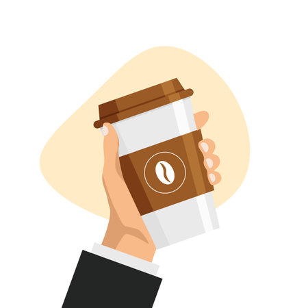 Hand holds coffee cup in trendy flat style. Design element for your advertisement. Drink take away template. vector illustration.のイラスト素材