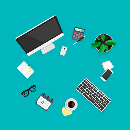 Vector workspace overhead view. Modern business work desk top in trendy style. Computer, glasses, smartphone, coffee, calculator, calendar, paper sheets and other items isolated on blue background.のイラスト素材