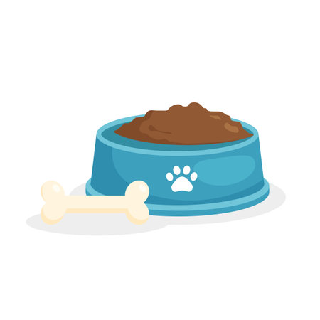 pet food. Dog food bowl and bone. Vector illustration in a flat trendy style.のイラスト素材