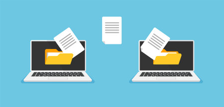 File transfer concept. Uploading documents to internet, copy to cloud storage or pc. download process. data exchange, backup. Vector illustration in trendy flat style.のイラスト素材