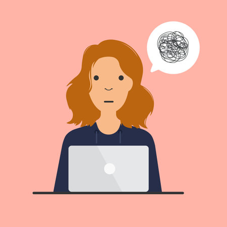 Woman with tangled thoughts. Business problem solving or difficult situation. Bubble with mess thoghts or minds. Brainstorming concept. vector illustration.のイラスト素材