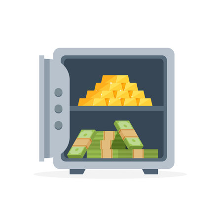 Security metal safe with banknotes and gold ingots. Open safe box with money and bars. cash protection. Icon for web, games, apps. Vector illustration isolated on white background.のイラスト素材