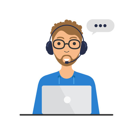 Tech support and customer service landing concept. Man with headphones and microphone at laptop. Assistance, call center. Vector illustration isolated on white.のイラスト素材