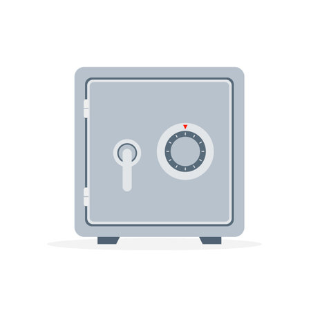 Security metal safe for banknotes, ingots and gold coins. Closed safe box with money and bars. cash protection. Icon for web, games, apps. Vector illustration isolated on white bacのイラスト素材