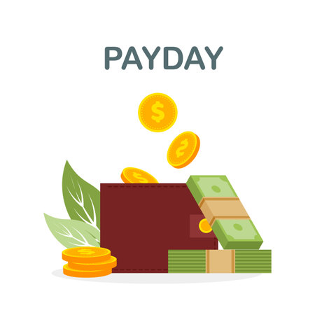 Payment date or payday concept. Coins is falling into wallet or purse. deadline. Vector illustration isolated on white background.のイラスト素材