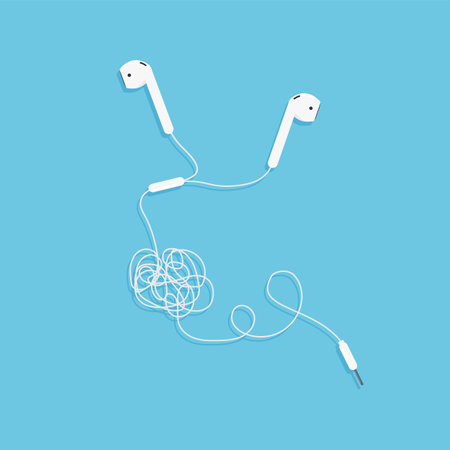Tangled wires headphone. Vector illustration in trendy flat style isolated on blue background.のイラスト素材