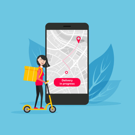 Fast delivery woman on electric scooter. Tracking the movement of the courier on a map. Ordering by mobile app. Going according to the gps. vector illustration.のイラスト素材