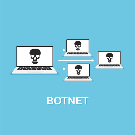 Botnet concept. Cybercrime, malware, virus, phishing. Skull on a laptop screen. Vector illustration isolated on white background.のイラスト素材