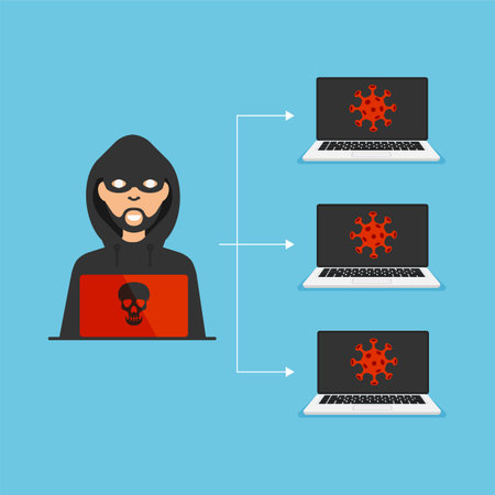 Botnet concept. Hacker infects computer with a virus. Cybercrime, malware, virus, phishing. Skull on a laptop screen. Vector illustration isolated on blue background.のイラスト素材
