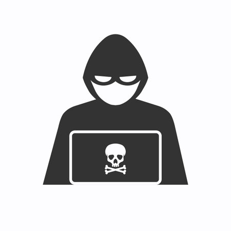 Hacker in black hood icon. Cyber criminal at laptop. Process of stealing user personal data. internet phishing. Hacker attack. Vector illustration isolated on white.のイラスト素材
