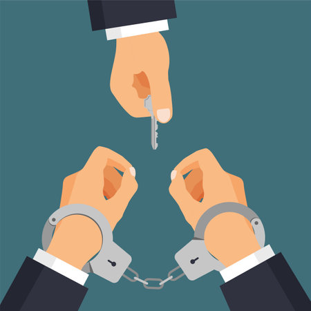 Man with key unlocking handcuffs of arrested man. break free. End of arrest. Vector illustration in trendy flat style.のイラスト素材