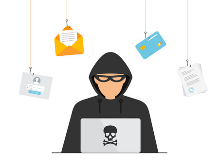Hacker in black hood sitting at laptop. Cyber criminal hacking user login. Process of stealing personal data, document, mail, credit card. vector illustration.のイラスト素材