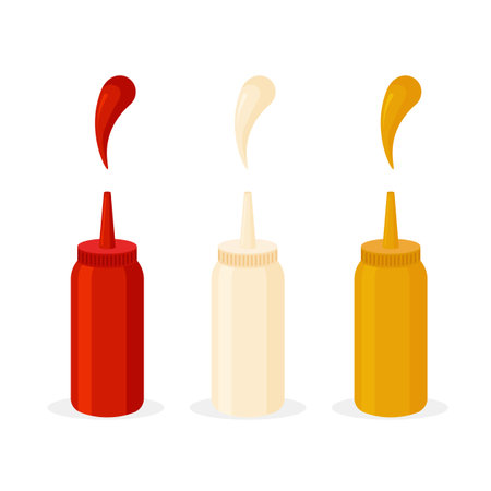 Ketchup, mustard, mayonnaise plastic bottle. Sauce icon set. Design element for your poster, restaurant, menu, brochure, flyer. Vector illustration in trendy flat style isolated onのイラスト素材