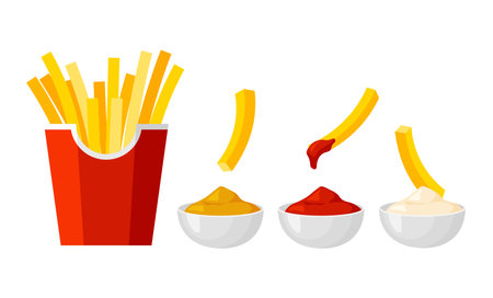 French fries in a red pack box. Potato sticks with ketchup dipping sauce. fast food set. Vector illustration in trendy flat style isolated on white background.のイラスト素材