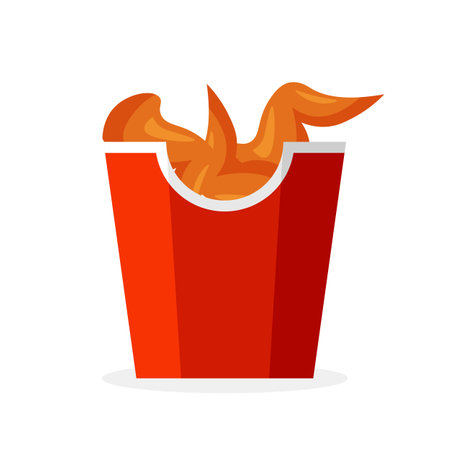 Crispy fried chicken wings in a red bucket. Meat in batter in a paper packaging. Design element for fast food poster, restaurant, menu, brochure, flyer. Vector illustration in trendのイラスト素材