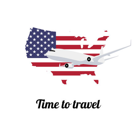Plane on the USA map painted in national flag colors. travel poster template. flying airplane. vector illustration.のイラスト素材