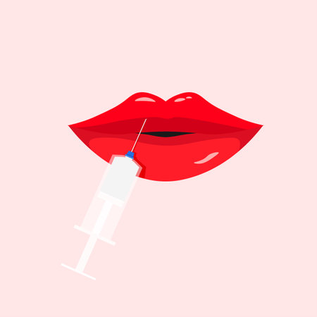 cosmetic lip injection. Plastic and aesthetic surgery. Aesthetic beautiful full lips. beauty poster. Vector illustration in trendy flat style isolated.のイラスト素材