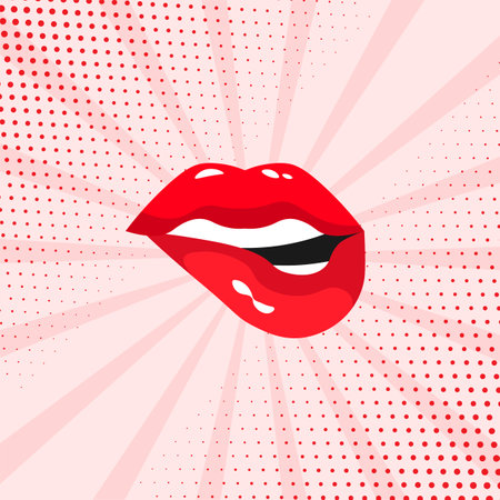 Red lips biting in a retro style. Cartoon comic girl poster. Pop art halftone background. vector illustration.のイラスト素材