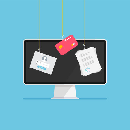 Cyber criminal hacking user login. Process of stealing personal data, document, mail, credit card. Vector illustration isolated.のイラスト素材