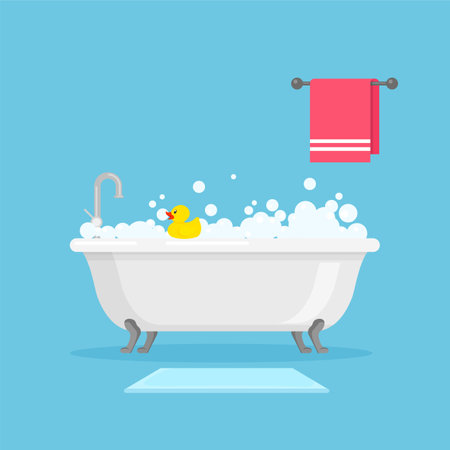 White ceramic bath full of foam with bubbles. Relax bathroom. Shower taps, yellow rubber duck, towel and foot mat. Vector illustration in trendy flat style isolated on blue backgroのイラスト素材